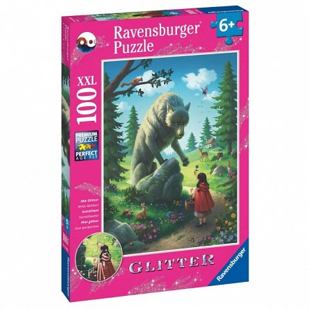 Puzzle Ravensburger - Scufita rosie si lupul, cu glitter, 100 piese, plus 6Y