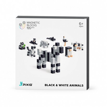 Joc de constructie magnetic PIXIO - Black and White Animals, 195 piese