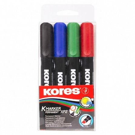 Marker permanent Kores XP1, varf rotund, 3 mm, set 4 bucati, 4 culori, cutie plastic