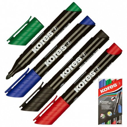 Marker permanent Kores XP1, varf rotund, 3 mm, set 4 bucati, 4 culori, cutie plastic