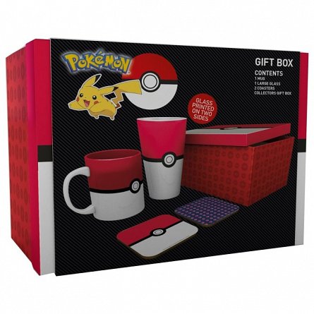Set cadou Pokemon Pokeball, 4 piese, cana, pahar, 2 x suport pahar