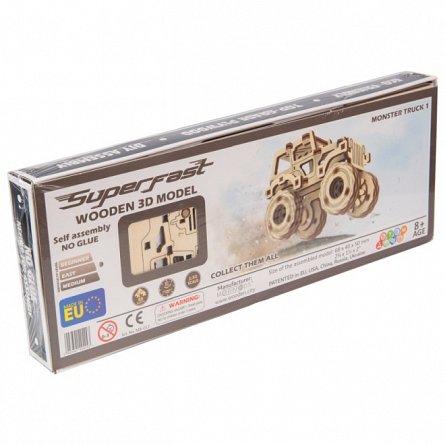 Puzzle mecanic din lemn, Wooden.City, Monster Truck 1 (Jeep CJ-5), 69 piese