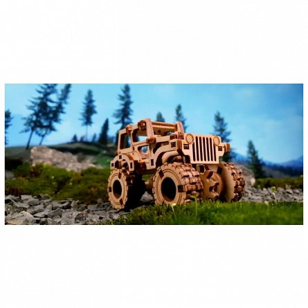 Puzzle mecanic din lemn, Wooden.City, Monster Truck 1 (Jeep CJ-5), 69 piese