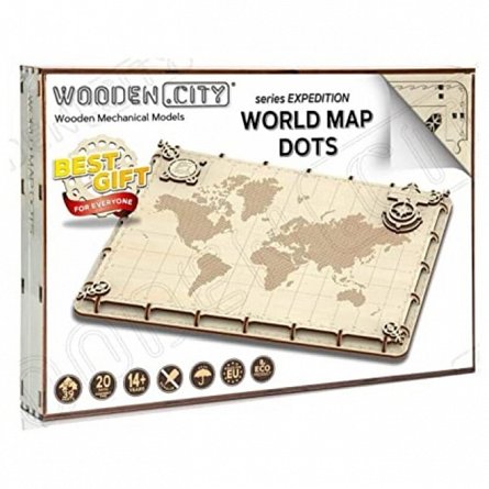 Puzzle 3D din lemn, Harta lumii Expedition Dots, 40 piese, WM507 Wooden.City