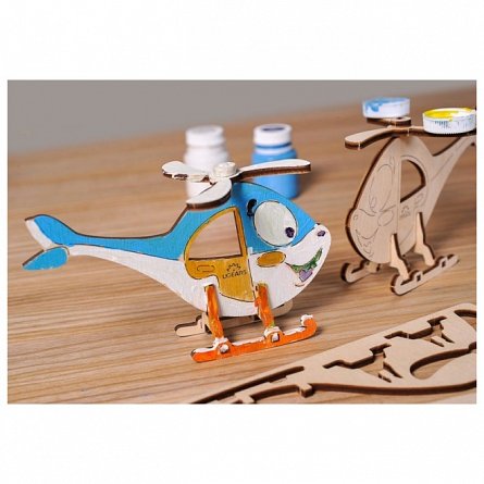 Puzzle 3D din lemn, Ugears, Build and Color, Elicopter