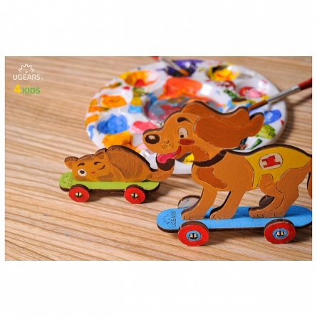 Puzzle 3D din lemn, Ugears, Build and Color, Kitty&Puppy