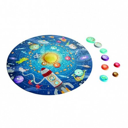 Puzzle - Sistemul solar cu led si planete din lemn, 100 piese, 5 ani+