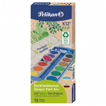 Acuarele Pelikan K12, material reciclat, detasabile, 12 culori, 1 tub alb
