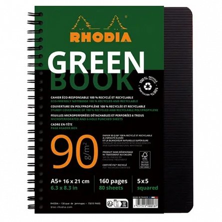Caiet cu spira A5 plus Rhodiactive 80f dictando h. reciclata perf indosariere negru