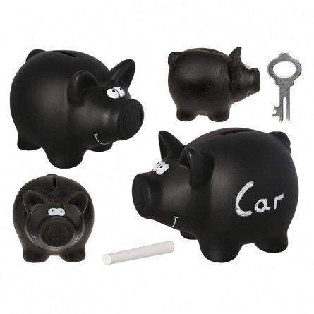Pusculita ceramica Porcusor inscriptionabil, 16 cm, cu cheie, negru