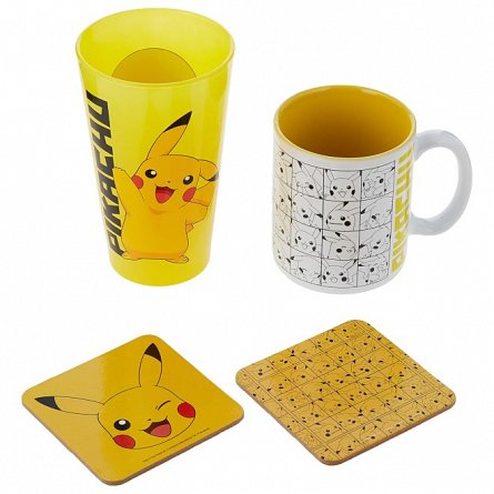 Set cadou Pokemon Pikachu, 4 piese - cana, pahar, 2 x suport pahar