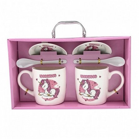 Set 2 cani cu capace si lingurite, unicorni