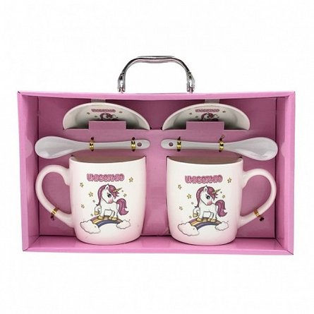Set 2 cani cu capace si lingurite, unicorni