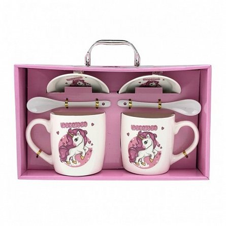 Set 2 cani cu capace si lingurite, unicorni