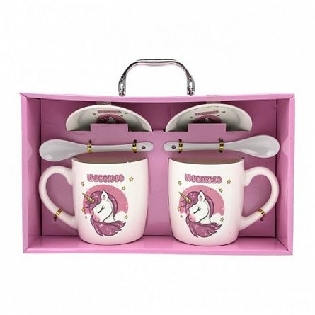 Set 2 cani cu capace si lingurite, unicorni