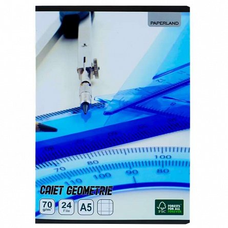 Caiet geometrie, A5, 24 file, 70 g-mp, patratele 10x10mm, Paperland, diverse modele
