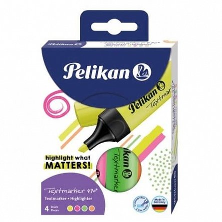 Textmarker Pelikan 490 eco, set 4 culori, neon, cutie carton
