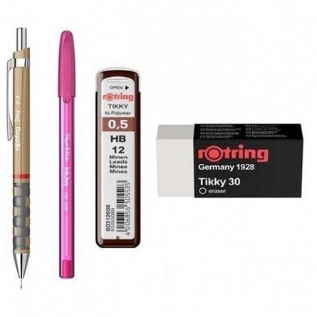 Set Rotring, 4 piese (creion mecanic Tikki, mine 0.5 mm, radiera, pix), diverse culori