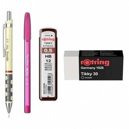 Set Rotring, 4 piese (creion mecanic Tikki, mine 0.5 mm, radiera, pix), diverse culori