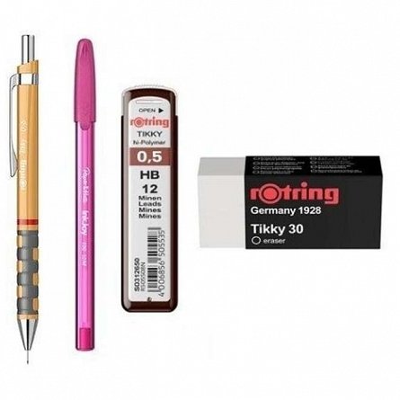 Set Rotring, 4 piese (creion mecanic Tikki, mine 0.5 mm, radiera, pix), diverse culori