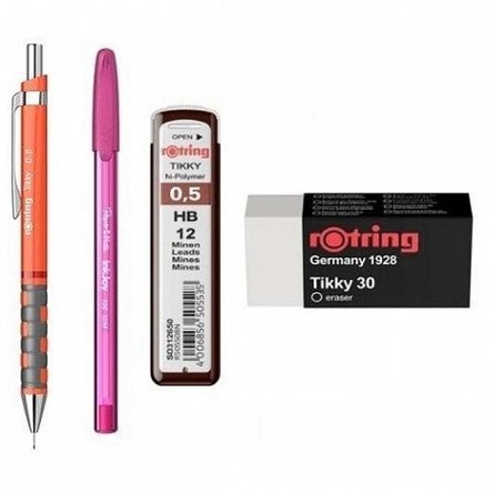 Set Rotring, 4 piese (creion mecanic Tikki, mine 0.5 mm, radiera, pix), diverse culori