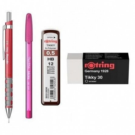 Set Rotring, 4 piese (creion mecanic Tikki, mine 0.5 mm, radiera, pix), diverse culori