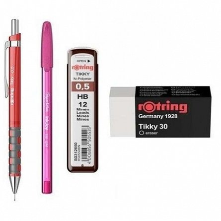 Set Rotring, 4 piese (creion mecanic Tikki, mine 0.5 mm, radiera, pix), diverse culori