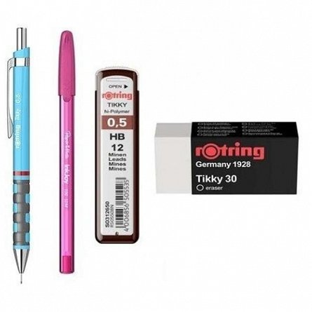 Set Rotring, 4 piese (creion mecanic Tikki, mine 0.5 mm, radiera, pix), diverse culori