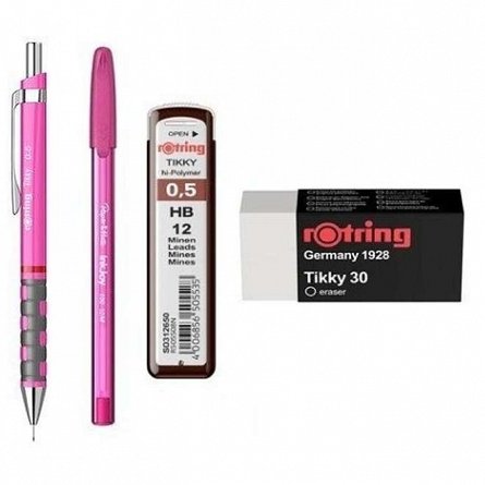 Set Rotring, 4 piese (creion mecanic Tikki, mine 0.5 mm, radiera, pix), diverse culori