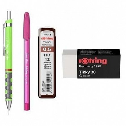 Set Rotring, 4 piese (creion mecanic Tikki, mine 0.5 mm, radiera, pix), diverse culori