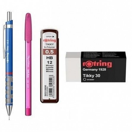 Set Rotring, 4 piese (creion mecanic Tikki, mine 0.5 mm, radiera, pix), diverse culori