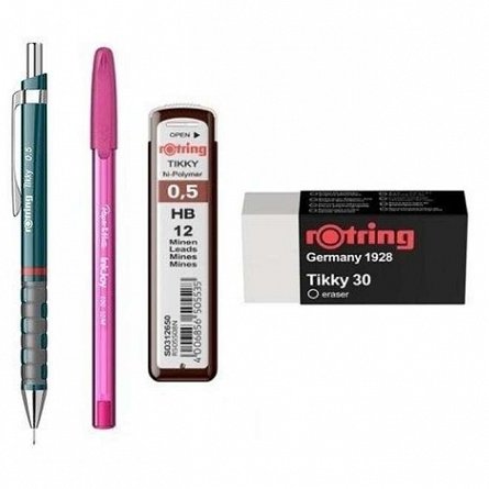 Set Rotring, 4 piese (creion mecanic Tikki, mine 0.5 mm, radiera, pix), diverse culori