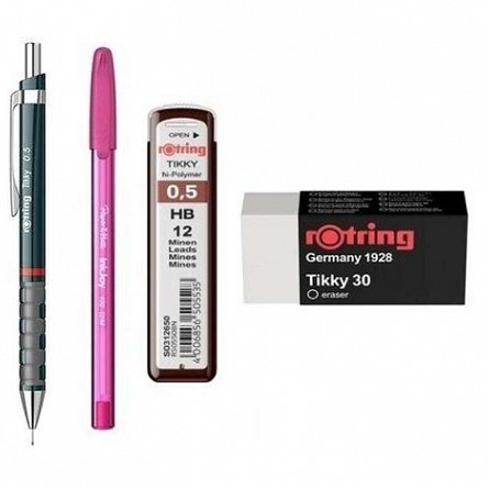 Set Rotring, 4 piese (creion mecanic Tikki, mine 0.5 mm, radiera, pix), diverse culori