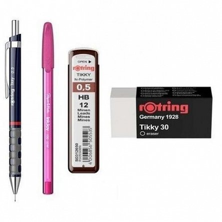 Set Rotring, 4 piese (creion mecanic Tikki, mine 0.5 mm, radiera, pix), diverse culori