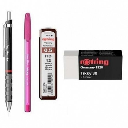 Set Rotring, 4 piese (creion mecanic Tikki, mine 0.5 mm, radiera, pix), diverse culori