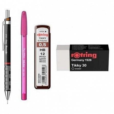 Set Rotring, 4 piese (creion mecanic Tikki, mine 0.5 mm, radiera, pix), diverse culori