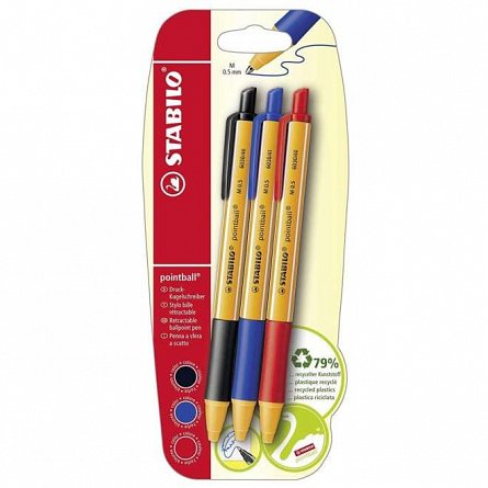 Pix Stabilo pointBall, cu mecanism, set 3 culori, 0.5 mm, blister