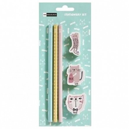 Set 3 creioane grafit si 3 radiere Topper, Little World Cat Rule
