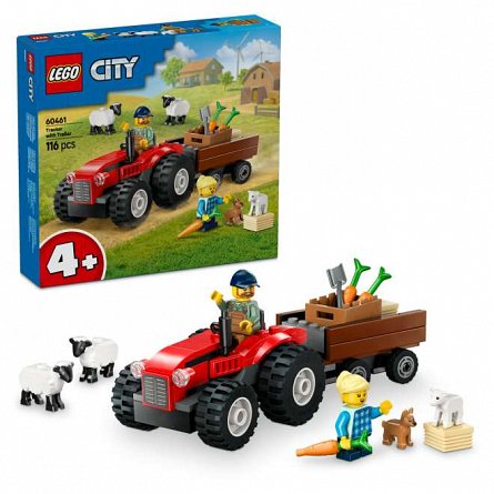 LEGO City - Tractor de ferma rosu cu remorca si oi 60461