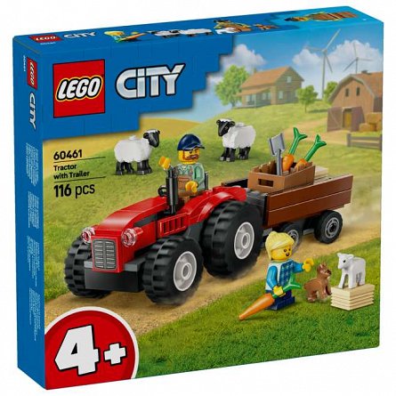 LEGO City - Tractor de ferma rosu cu remorca si oi 60461
