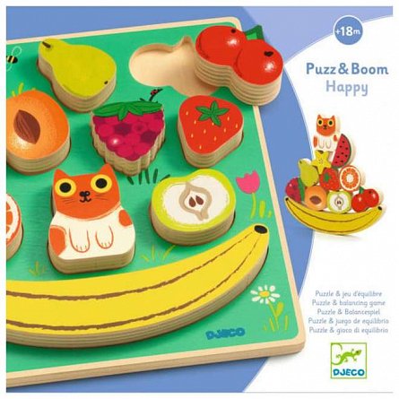 Puzzle din lemn si joc echilibru Fructe, 18 luni, Djeco