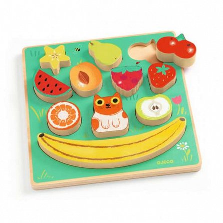 Puzzle din lemn si joc echilibru Fructe, 18 luni, Djeco