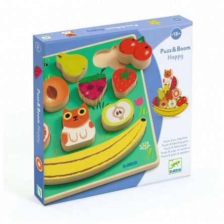 Puzzle din lemn si joc echilibru Fructe, 18 luni, Djeco